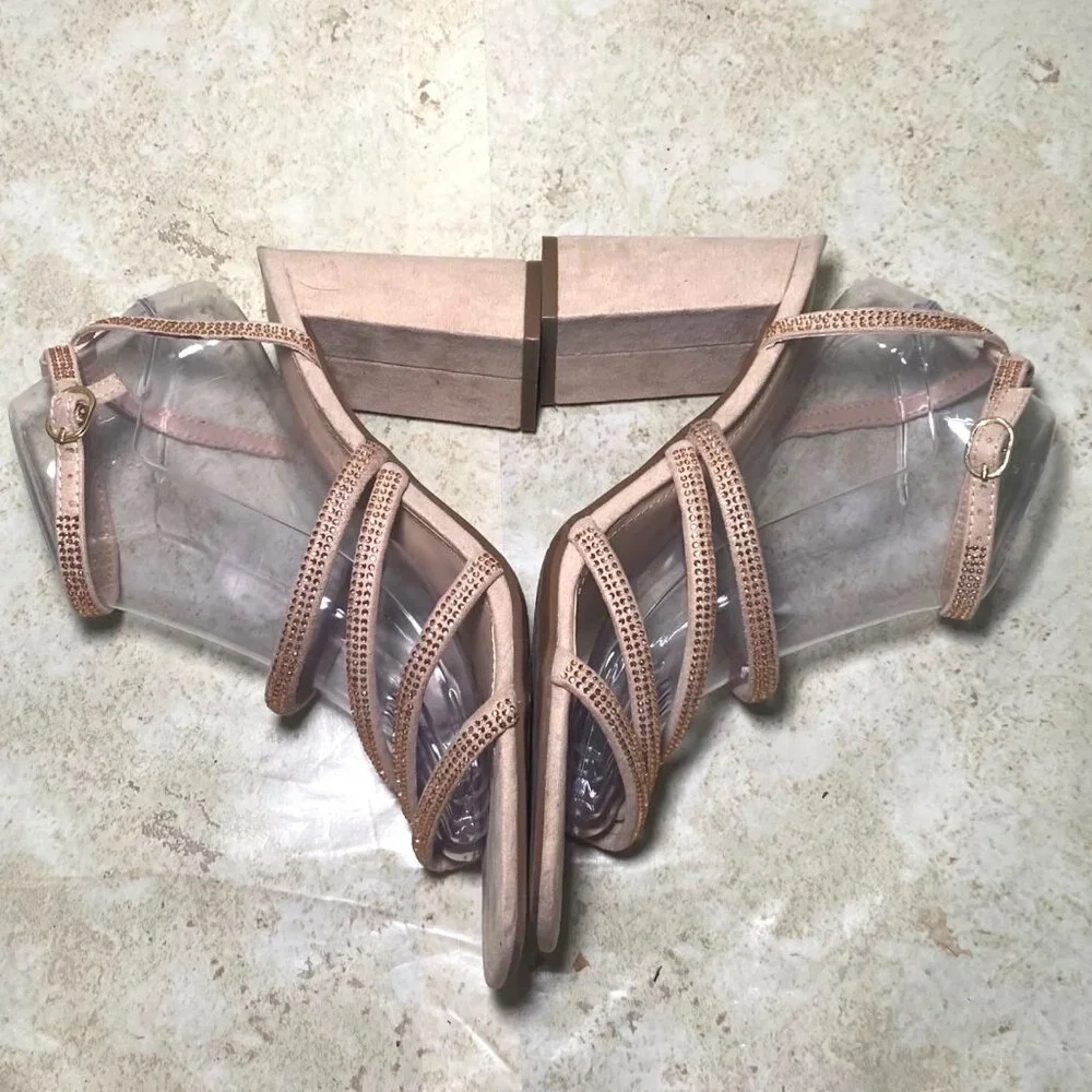 Strappy‎ Nude Rhinestone Sandals With Block Heels Prom Wedding Party - Picture 6 of 9